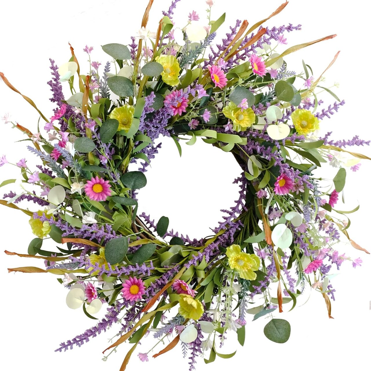 20-Inch Spring Daisy Wreath for Front Door – Artificial Wildflower & Eucalyptus Greenery Farmhouse Wreath for Indoor Outdoor Home Decor